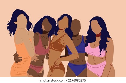 Multiracial women of different height, figure type and size dressed in swimsuits. Happy diverse women in swimwear, bikini. Different attractive women posing. Body positive. Flat Vector Illustration