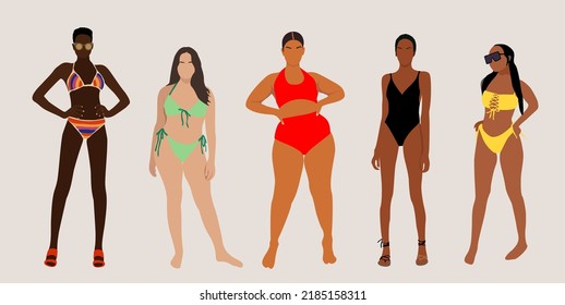 Multiracial women of different height, figure type and size dressed in swimsuits standing in row. Female cartoon characters. Body positive movement and beauty diversity. Vector illustration.