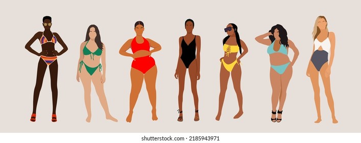 Mujeres multirraciales de diferente altura, tipo de figura y tamaño vestidas con trajes de baño de pie en fila. Personajes de dibujos animados femeninos. Movimiento positivo corporal y diversidad de belleza. Ilustración vectorial.