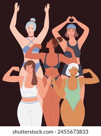 Multiracial women of different height, figure type and size dressed in swimsuits standing in row. Love your body. Body positive movement and beauty diversity. Flat graphic vector illustration.