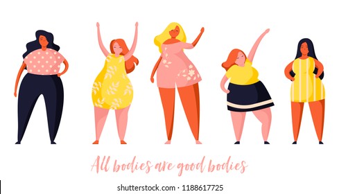 Multiracial women of different height and same figure type and plus size. Female cartoon characters. Body positive movement and beauty diversity. Flat trendy illustration.