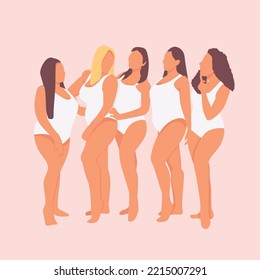 Multiracial women of different heights, figure types and sizes wearing swimwear standing in a row. flat design iluustration.