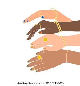 Mujeres multirraciales con joyas de oro. Pulseras y anillos en manos femeninas. Joyería de oro y accesorios de lujo sobre fondo blanco cerca. Concepto de arte de alta moda