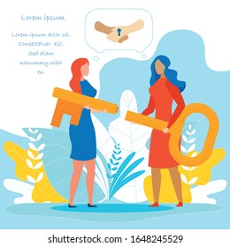 Multiracial Women Holding Puzzle Key Parts in Hands. Handshake with Keyhole in Speech Bubble. Success in Teamwork, Business Partnership, Communication, Friendship Idea. Vector Text Illustration