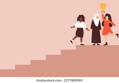 Multiracial women support each other and climb the stairs. Three mothers from different ethnicities, religions stands together at the top and hold a trophy . Mother's day and Women's empowerment.