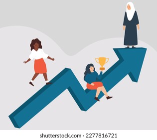 Multiracial women support each other and climb the arrow of success. Females from different ethnicities, religions climb the ladder of career together to reach their goal. Women's empowerment concept.