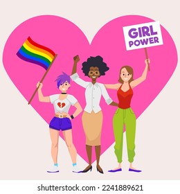 Multiracial women supporting girl power and LGBT rights movement, flat vector illustration isolated on background. International feminism and lgbt gay support.