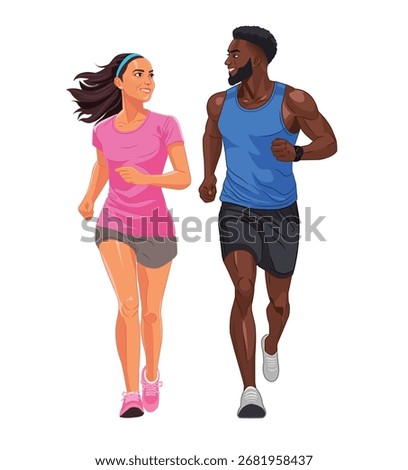 Multiracial young couple jogging together