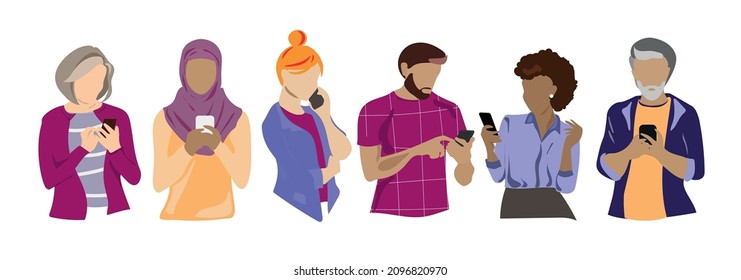 Multiracial young and old People use smartphone and Chatting.Different people man and woman talking and typing on the Phone.Collection of female and male character sisolated on different layers.Vector