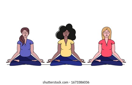 Multiracial young pregnant or fat women meditating in lotus pose. Plus size women practicing yoga. Body positive movement. Cute overweight woman. Vector illustration isolated on white