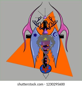 multireligion sketch Vector hand drawn illustration, abstract style, fantasy, occultism, tattoo art, template for card, poster banner print for t-shirt.