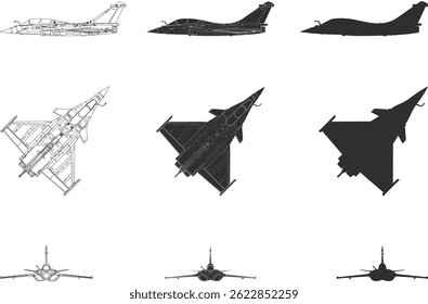 Multirole fighter jet icon collection line, silhouette, black color isolation, aircraft side view, top view, front view, French fighter jet Squall.