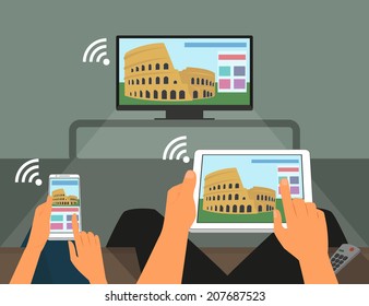 Multiscreen Interaction. Man And Woman Are Participating In TV Show Using Mobile Phone   Voting Online On Tv Show. Vector Illustration Of Multi Screen Interaction With Television, Phone And Tablet