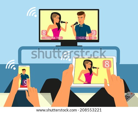 Multiscreen interaction. Man and woman sitting at home and participating in TV singer show and voting online using smartphone and tablet pc