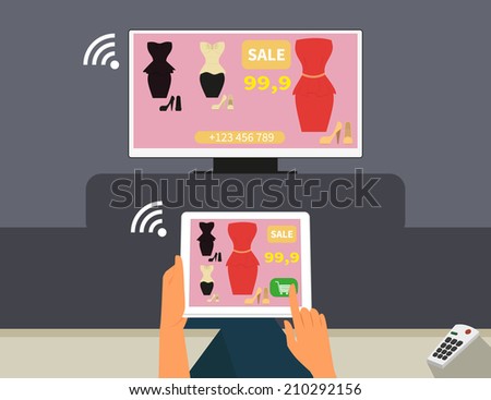 Multiscreen interaction. Woman is purchasing red dress online in TV shop using tablet pc