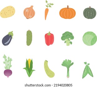 multi-season vector vegetables set, turnip, leek, potato, cabbage, cucumber, pepper, squash, kabocha squash, onion, eggplant, carrot, corn, zucchini, pea and broccoli.