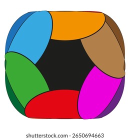 Multisectional chromatic sphere. Petaloid colour segments. Symmetric tridimensional Vector. Playful abstract medallion.