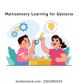 Multisensory learning for children with dyslexia. Reading, writing or understanding problem solution. Text and letters recognition. children with special needs education. Flat vector illustration