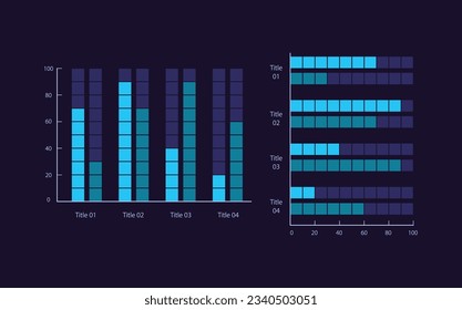 Multi-set bar infographic chart design template set for dark theme. Compare different values. Visual data presentation. Editable column graphs collection. Myriad Pro-Bold, Regular fonts used