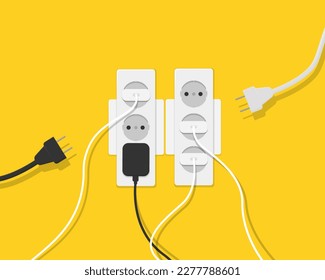 Multi-socket adapter, electrical extension cord. Many plugs, wires and electrical appliances are included in the socket. Overload of the electrical network. Vector illustration.