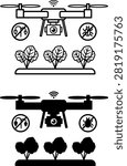 Multispectral Agricultural Drone Icons. Line and Glyph Vector Illustrations. A Drone With a Camera That Checks Plant Health, Watering, and Fertilization Needs. Agrotechnology and Smart Farming Concept