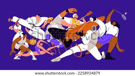 Multi-sport concept. Different kinds of professional athletes, activities mix composition. Group of sportsmen in action, movement. Fencing, gymnastics, basketball. Isolated flat vector illustration
