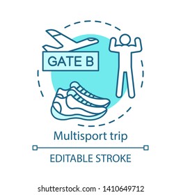 Multisport trip concept icon. Travel style idea thin line illustration. Active voyage. Vacation destinations. Extreme tourism. Vector isolated outline drawing. Editable stroke