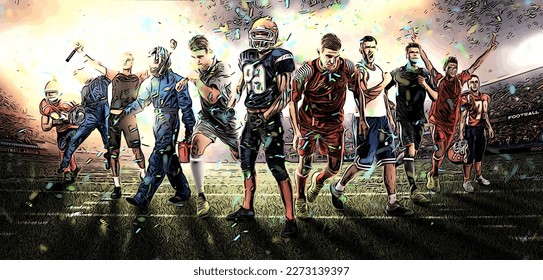 multisport vector on stadium with confetti. players basketball, football, soccer, tennis, baseball, racers together in a collective victory drawing.
