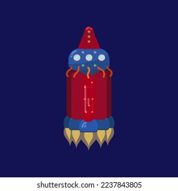 Multistage rocket ship cartoon illustration. UFO spaceship, spacecraft, futuristic rocket isolated on blue background. Space, galaxy concept