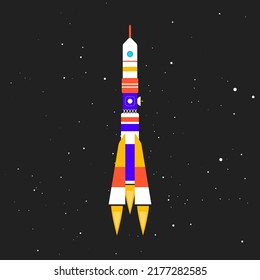 Multi-stage space rocket, launch vehicle. Soviet booster module. Flat vector illustration.