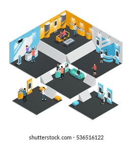 Multistore interior template with exhibition stands isometric composition vector illustration