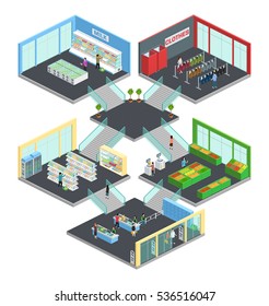 Multistore supermarket isometric composition with clothes and milk symbols vector illustration 