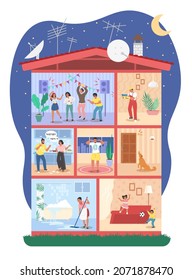 Casa de apartamentos de varios pisos con vecinos ruidosos viviendo en ella, ilustración vectorial plana. Grupo de personas bailando, pareja gritando, hombre perforando la pared, perro ladrando por la puerta de entrada, niños jugando.