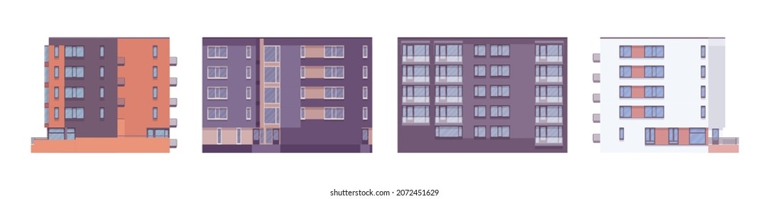 Multistorey apartment properties set, contemporary residency housing project. Construction, modern accommodation industry and urban architecture. Vector flat style cartoon illustration, modular units