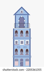 Multi-storey blue building flat design, color icon. Real estate . Apartment house. Vector silhouette illustration