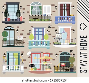 multi-storey brick house with different balconies and items of people of different professions who live in it. Beautiful balconies for recreation and work. Stay home motivational banner. Brick houses