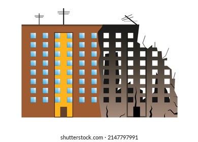 Multi-storey building before and after the war. Destroyed building, house in the city.