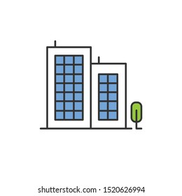 Multi-storey building color icon. Apartment houses and tree. Multistorey housing, modern condo. City accommodation, hotel, business center exterior. Urban property. Isolated vector illustration