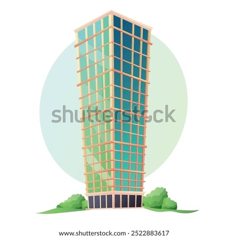 Multi-storey building with glass panoramic windows. Office building in cartoon style. Vector illustration on white background. Tall house.