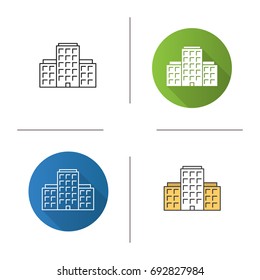 Multi-storey building icon. Flat design, linear and color styles. Apartment house. Tower block. Isolated vector illustrations