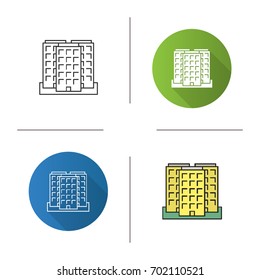 Multi-storey building icon. Flat design, linear and color styles. Apartment house. Isolated vector illustrations