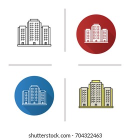 Multi-storey building icon. Flat design, linear and color styles. Apartment house. Isolated vector illustrations