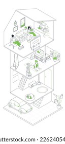 Multi-storey building - modern line design style isometric illustration on white background. Composition with different rooms, family leisure. Parking in garage, doing yoga, watching TV, dog sleeping