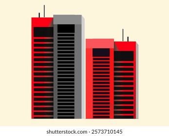 multi-storey building, red and grey striped building on a cream background