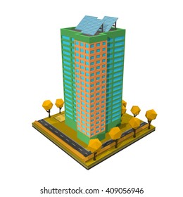 Multi-storey building. Residential house on a white background. Isometric style. Vector illustration of 
an apartment building with trees, shrubs, highway. Icon isometric house with solar panels.