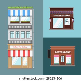 Multi-storey building with roof terrace and a shop on the ground floor. Flat style vector illustration. 