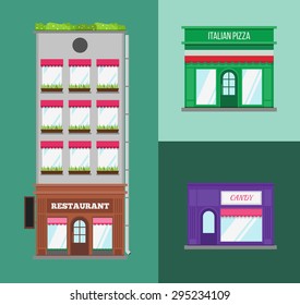 Multi-storey building with roof terrace and a shop on the ground floor. Flat style vector illustration. 
