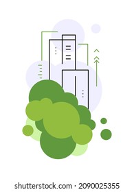 Multi-storey building. Urbanistic project. Construction and architecture. Green city. Flat illustration. Vector file.