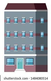 Multi-storey building with windows and entrance, shadow on house. City or street construction with grey wall, exterior of skyscraper with stairs. Vector illustration in flat cartoon style