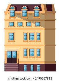 Multi-storey building with windows and entrance, shadow on house. City or street construction with yellow wall, exterior of skyscraper vector